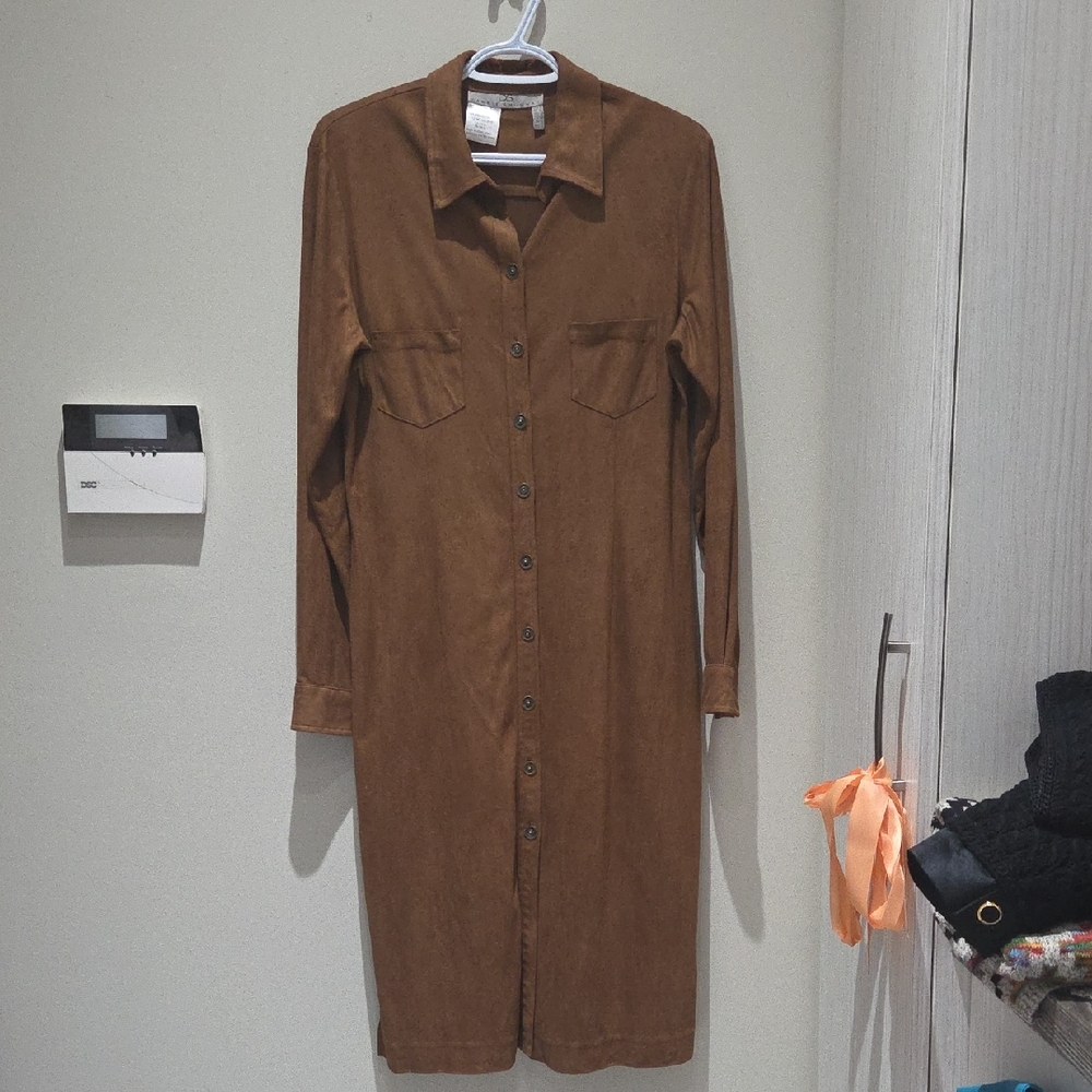 Long Sleeve Brown Button-Front Shirt Dress